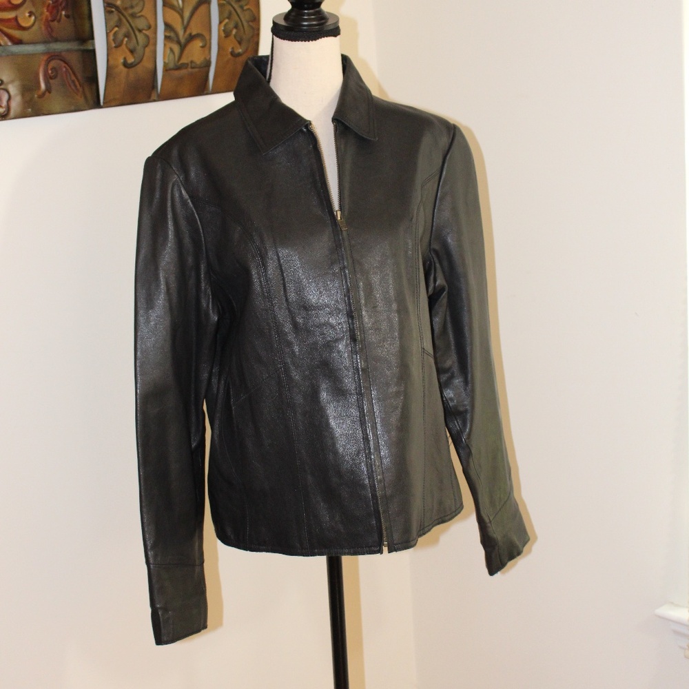 Gap, Black Leather collar zip up jacket Large